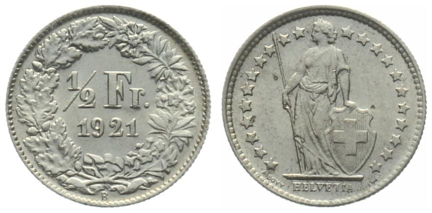 1/2 Franken 1921 B - fast stempelglanz
